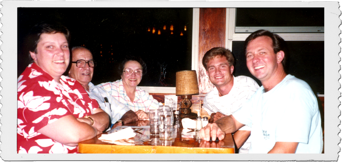 family eating at Cooks Lobster House, Barbara, Alex, Anita Theberge, Troy, Larry Lachance